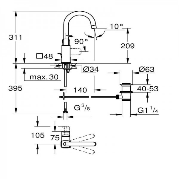 СМЕСИТЕЛ ЗА УМИВАЛНИК С ИЗПРАЗНИТЕЛ CUBEO L SIZE 1017670000 GROHE