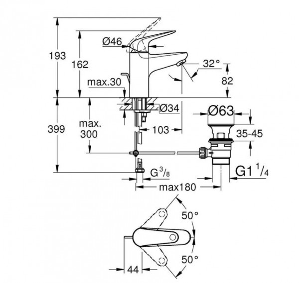 СМЕСИТЕЛ ЗА УМИВАЛНИК С ИЗПРАЗНИТЕЛ EUROPRO S SIZE 23262001 GROHE